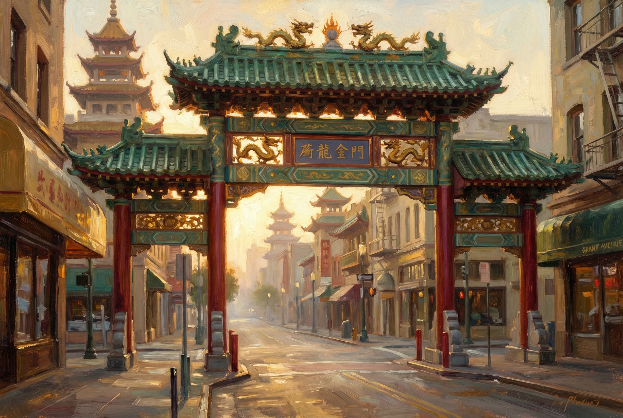 Painterly depiction of San Francisco's Chinatown Dragon Gate in golden morning light
