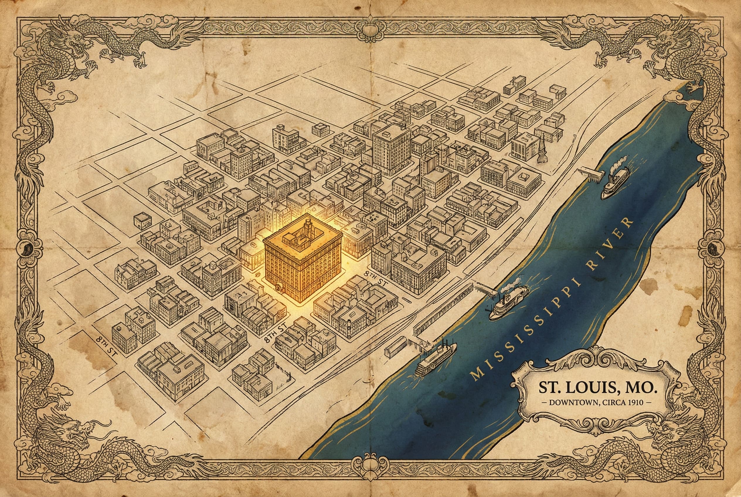 Stylized antique bird's-eye map of downtown St. Louis circa 1910, with the Oriental Tea Company building highlighted