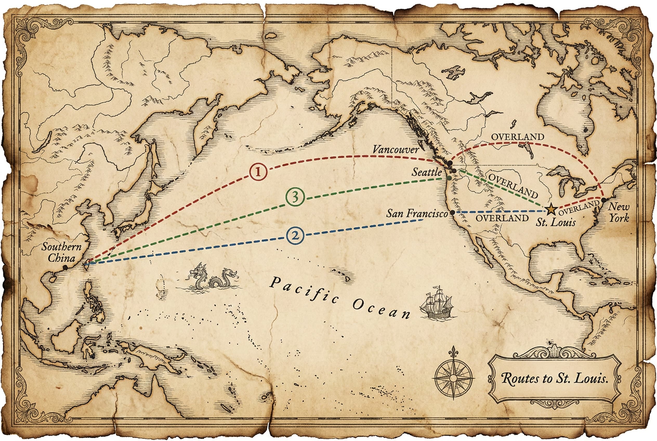 Antique expedition map tracing the journey from Southern China across the Pacific to San Francisco and onward to St. Louis